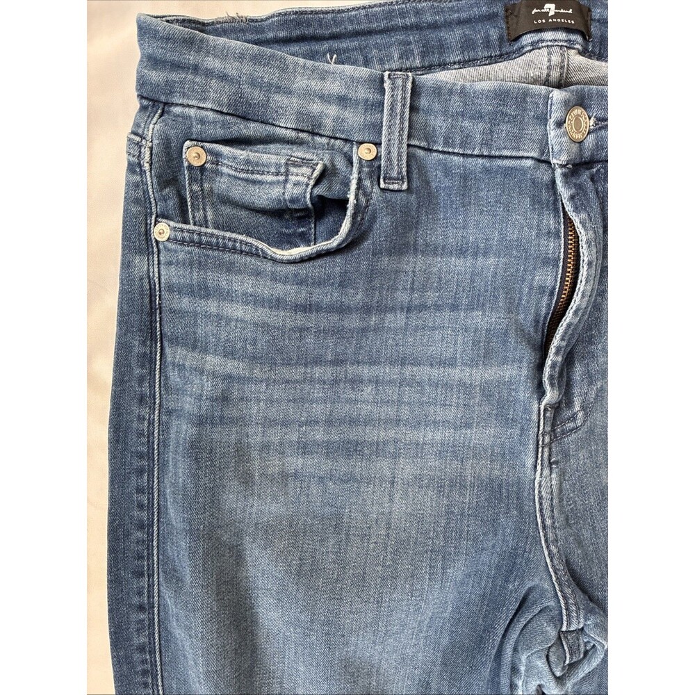 7 For All Mankind Raw Hem Straight Leg Jeans Women Size 33 Cut 28" L Blue Grunge - Picture 4 of 16